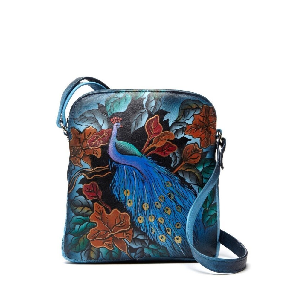 Vintage Leather Biacci Hand painted Peacock Messenger Bag